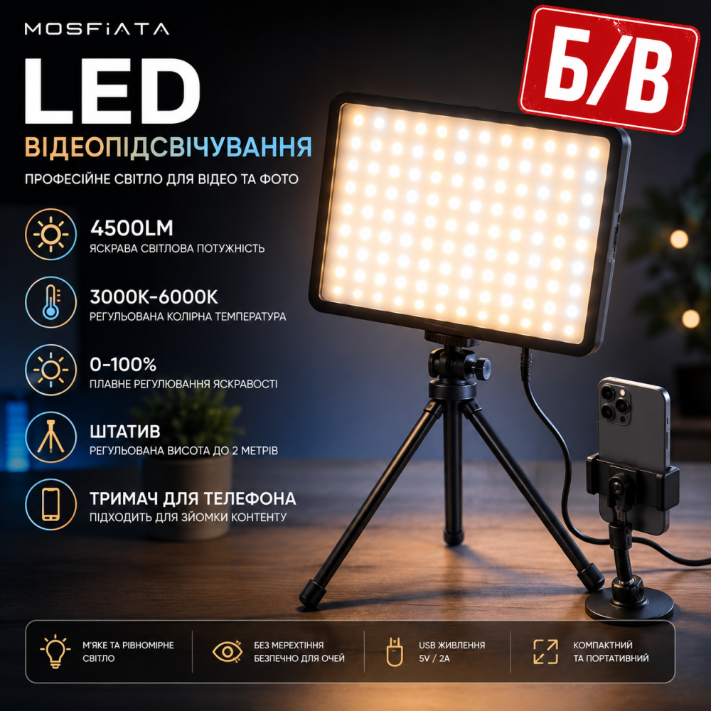 LED відеопідсвічування MOSFiATA (4500LM, 3000K-6000K) зі штативом та тримачем для телефону Б/В Київ - фото 7