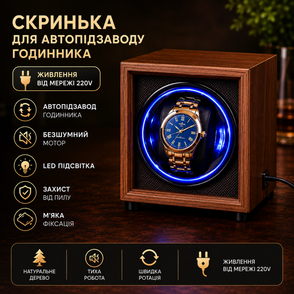Скринька для автопідзаводу годинників / Віндер / Watch Winder / Ротомат Newaner дерево чорного горіха, тихий мотор, LED Київ - фото 1