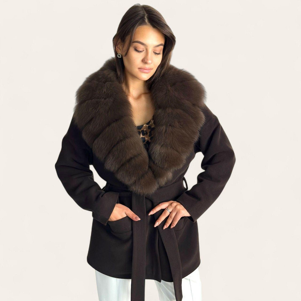 Женское пальто с меховым воротником Шоколадный, 50 Харьков - изображение 6
