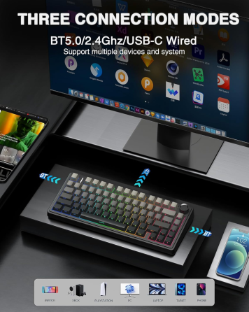 Беспроводная механическая клавиатура AULA F75 Black RGB — 75%, Hot-Swap, Bluetooth/2.4GHz/Type-C, Gasket Mount, Боковая гравировка Киев