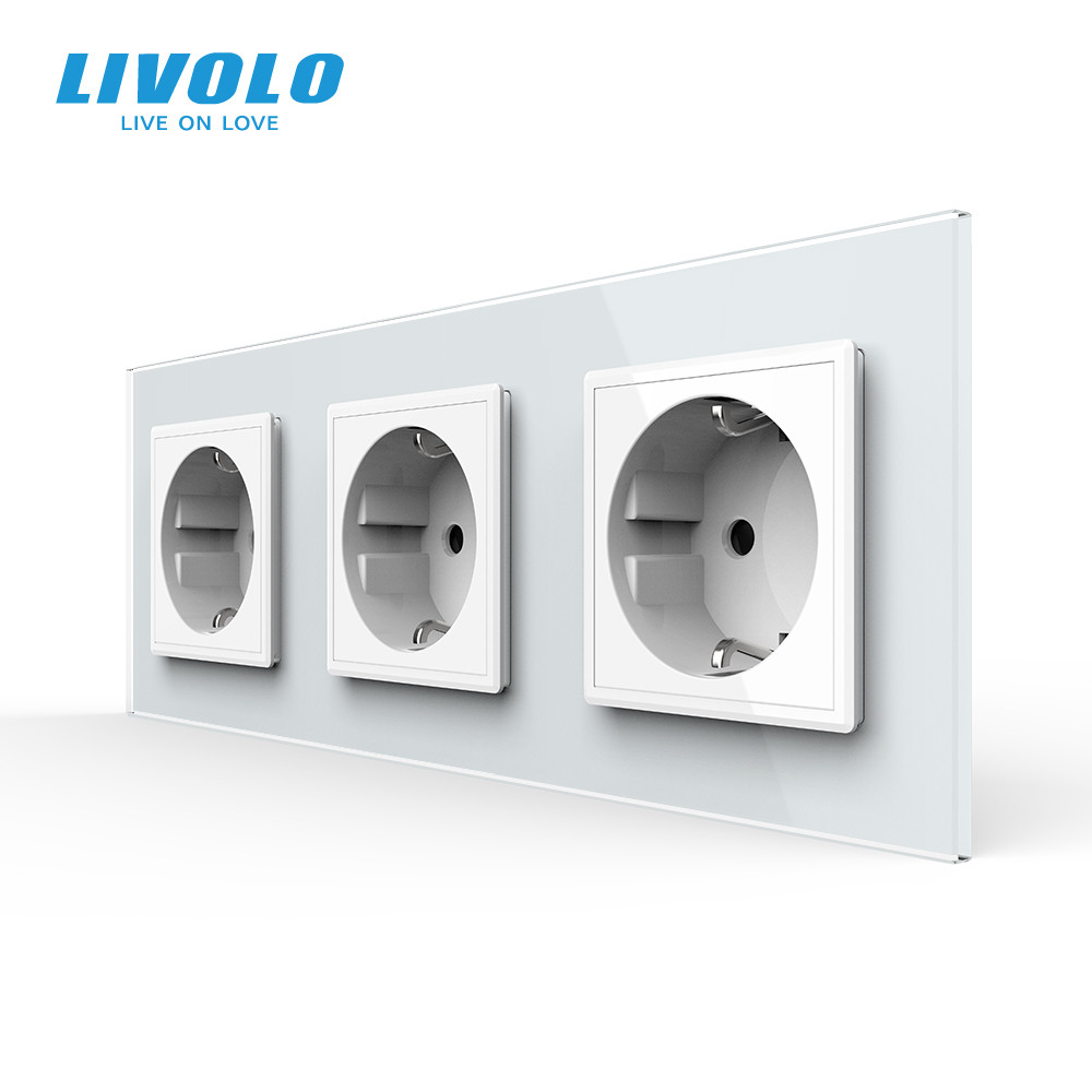 LIVOLO Потрійна електрична розетка з заземленням LIVOLO, біла, скляна рамка, шторки, 250В 16А ( Коломыя - изображение 1