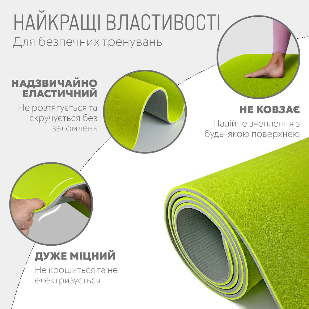 EasyFit Килимок для йоги та фітнесу EasyFit TPE+TC 6 мм двошаровий лимонний-сірий Коломыя - изображение 4