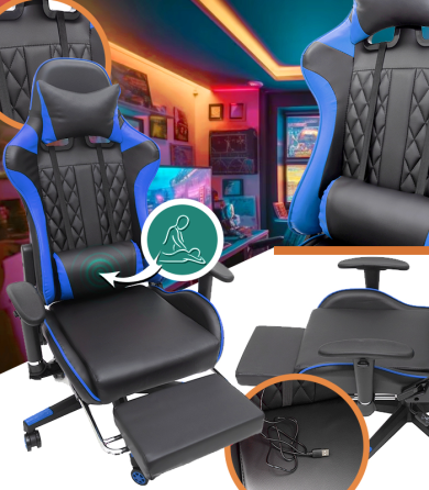 Геймерське комп'ютерне крісло з масажером, ергономічними подушками та підставкою для ніг, Чорний/Синій (G900) Київ