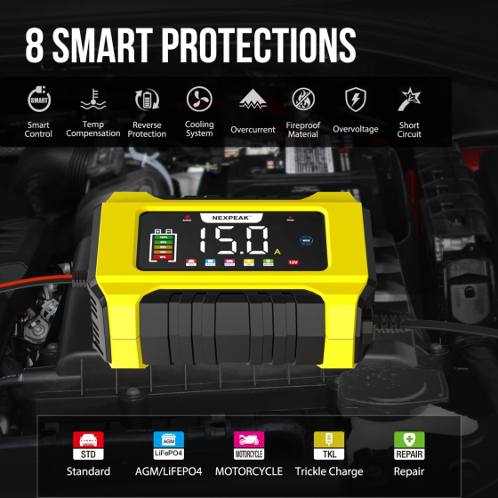 Зарядное устройство NEXPEAK NC215 15A/8A для аккумуляторов 12V/24V, LiFePO4, AGM, GEL, Smart 9-этапный, импульсное восстановление Киев