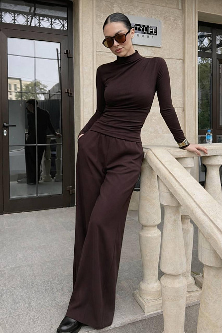 Жіночий стильний повсякденний костюм-двійка трикотаж рубчик Шоколад, 46/48 Одеса - фото 1