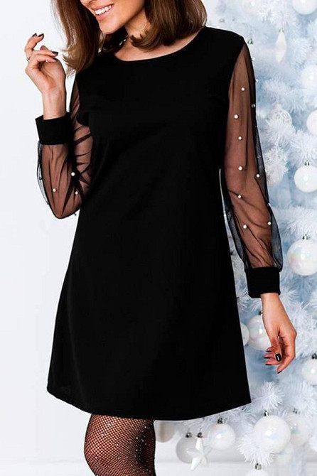 Жіноче святкове плаття з перлинами на рукавах креп дайвінг + сітка 52/54 Одеса - фото 5