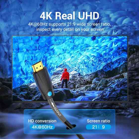 Кабель HDMI M - M, 8.0 м, V2.0, Engineering 4K 60Гц 18Gbps HD 7.1  PVC Black Vention Винница