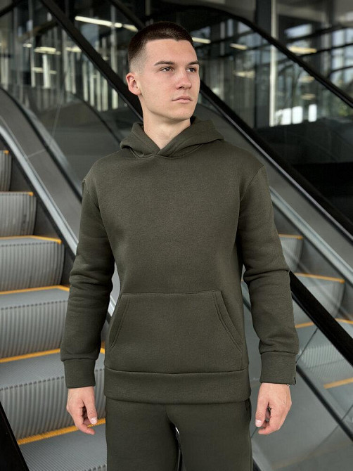 Теплое мужское худи на флисе с капюшоном хаки Pobedov 008 ЗИМА Киев - изображение 1