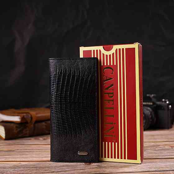 Фактурний чоловічий вертикальний гаманець з натуральної шкіри з тисненням Чорний (CANPELLINI) Київ