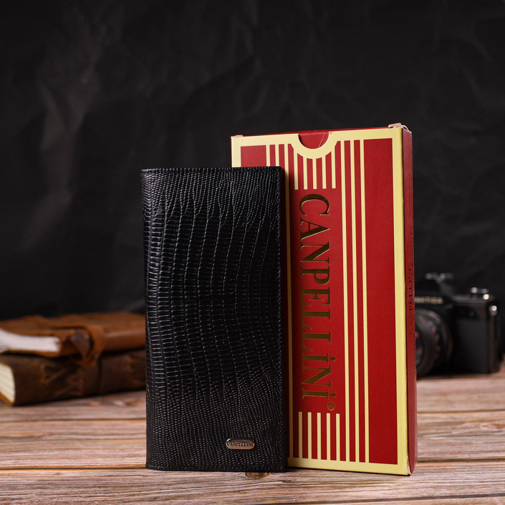 Фактурний чоловічий вертикальний гаманець з натуральної шкіри з тисненням Чорний (CANPELLINI) Київ - фото 4