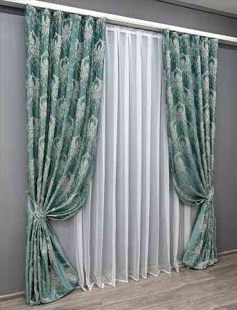 Комплект готових штор VR-Textil Парча № 1777ш Бірюзовий з молочним 130х290 см 2 шт (39-957) Київ