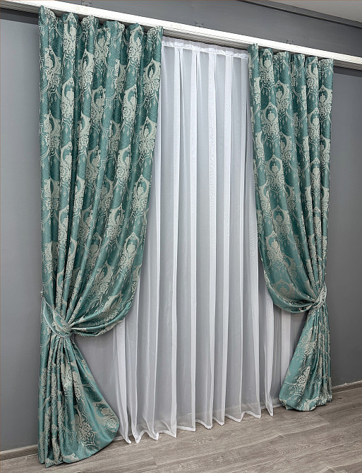 Комплект готових штор VR-Textil Парча № 1777ш Бірюзовий з молочним 130х290 см 2 шт (39-957) Київ - фото 3