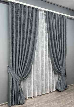 Комплект штор VR-Textil Льон Мармур 200х270 2шт і Тюль 600х270 1262ш-1400т Графітовий з білим 71-132/7 Київ