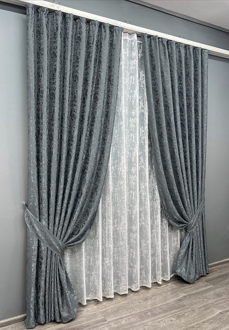 Комплект штор VR-Textil Льон Мармур 200х270 2шт і Тюль 600х270 1262ш-1400т Графітовий з білим 71-132/7 Київ - фото 2