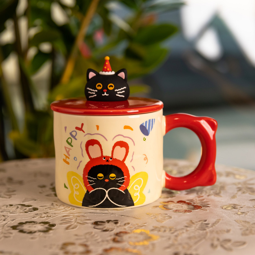 Кубок порцелянова з кришкою Kitten's Birthday 400 (мл) подарункова кружка прикольна чашка для дітей на подарунок Червоний FM-24D Коломыя - изображение 1