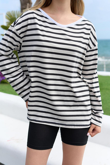 Лонгслів жіночий у смужку оверсайз Stripe футболка з довгим рукавом трикотаж чорний Одеса - фото 6