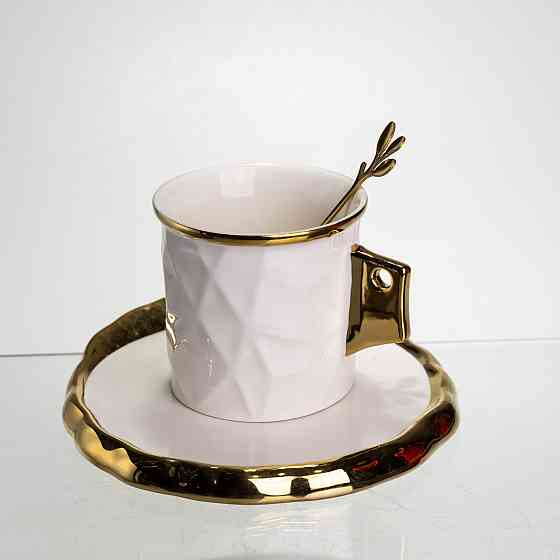 Чашка фарфоровая для кофе 200 (мл) с блюдцем и ложкой,красивая чашка в подарок Белый с золотом FM-1B SBR Киев