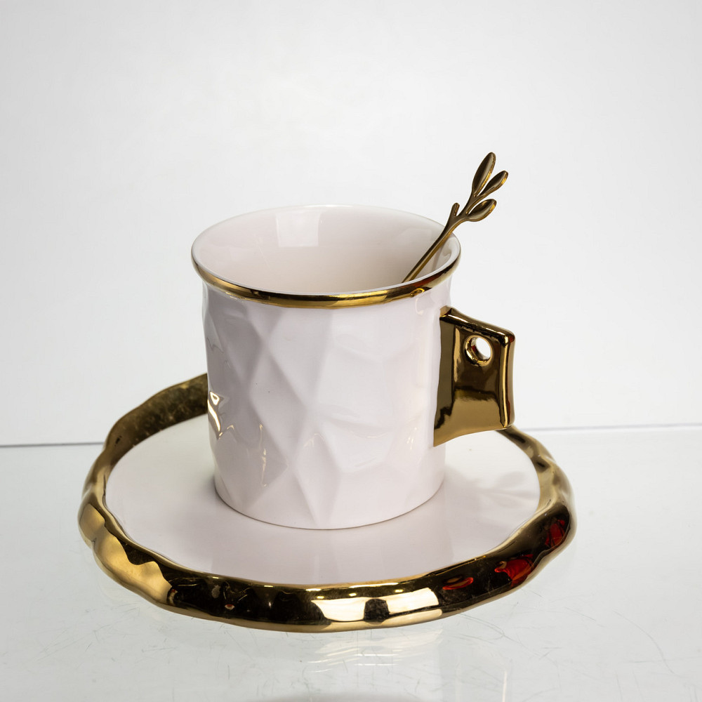 Чашка фарфоровая для кофе 200 (мл) с блюдцем и ложкой,красивая чашка в подарок Белый с золотом FM-1B SBR Киев - изображение 4