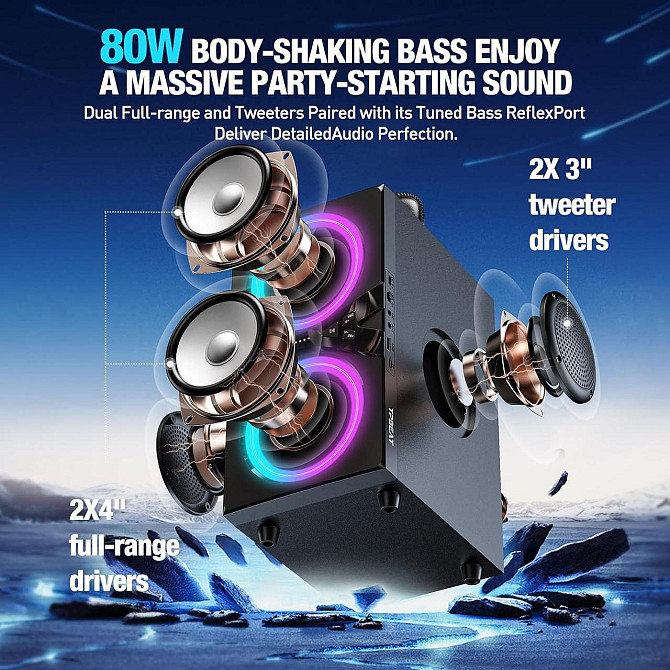 TPBEAT Bluetooth колонка, 80 Вт, потужний бас, LED-підсвічування, 100 дБ, стереозвук, 18 годин робот Київ - фото 2