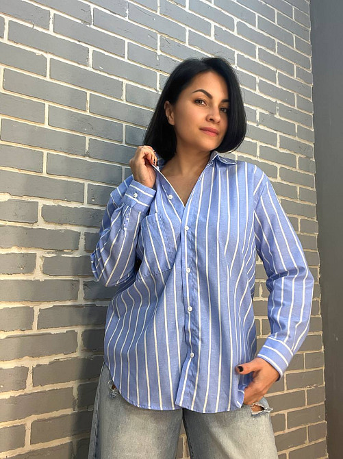 Рубашка женская Mix Ray 4367 оверсайз удлиненная широкая полоса голубая, голубой, S Киев - изображение 5