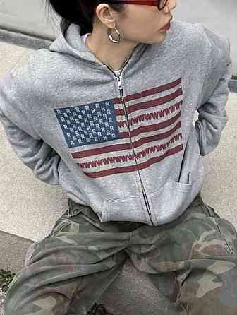 Женское утепленное оверсайз худи на молнии с флагом трехнитка на флисе Одесса
