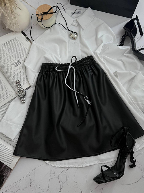 Жіноча базова мініспідниця на гумці екошкіра + віскоза Чорний, 46/48 Одеса - фото 1