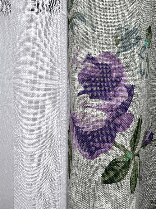 Комплект штор VR-Textil Лен Прованс 100х270 2шт и Тюль 400х270 2084ш-115т Светло-серый с фиолетовым и белым 71-219/2 Киев - изображение 6