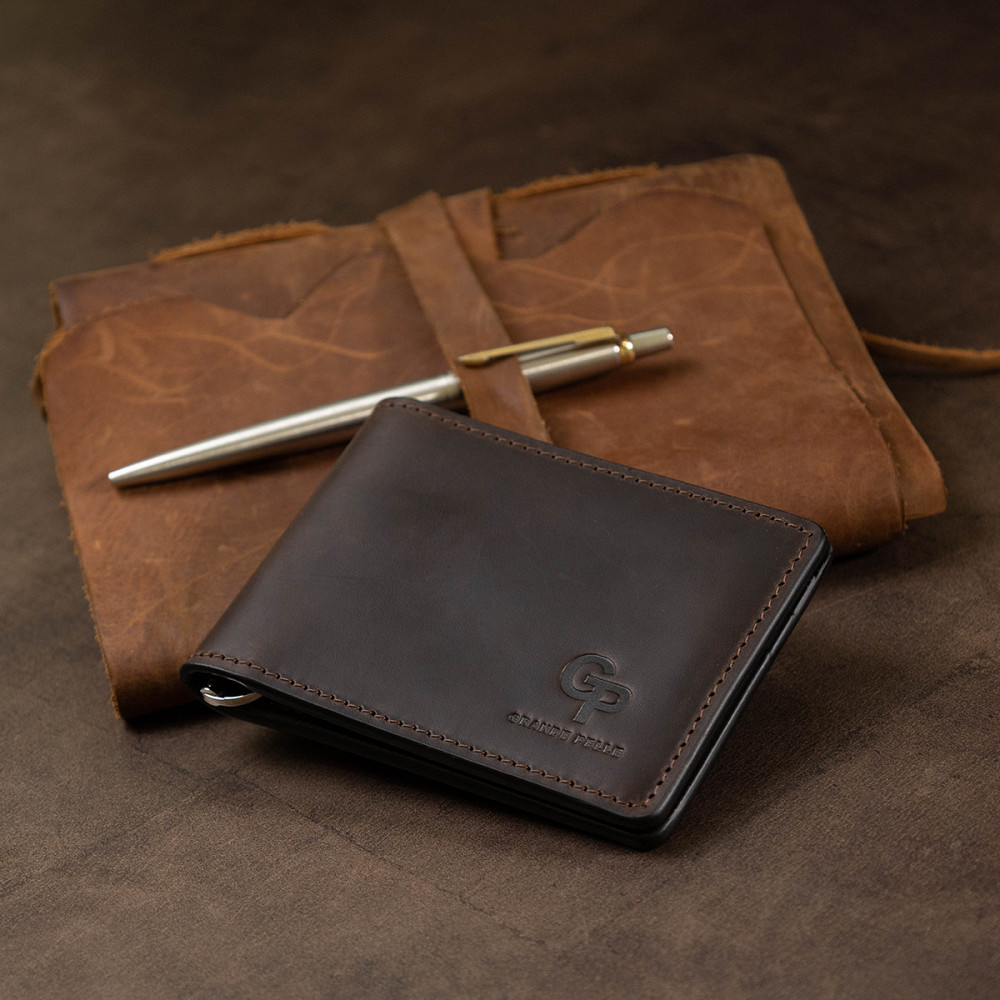 Шкіряний чоловічий затиск для грошей Коричневий (GRANDE PELLE) Київ - фото 4