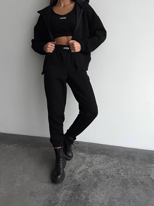 Жіночий прогулянковий костюм-трійка: кофта топ і штани Капітон Чорний, 46/48 Одеса - фото 10