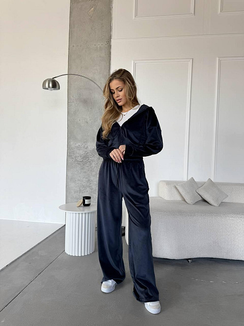 Женский повседневный костюм двойка: кофта и штаны велюр Синий, 46/48 Одесса - изображение 1