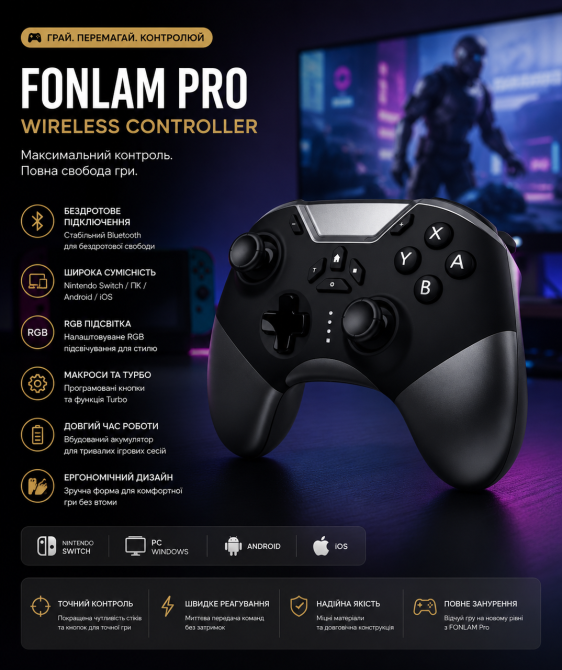 Ігровий контролер FONLAM Pro Wireless для Nintendo Switch, ПК, Android, iOS, Bluetooth-геймпад з RGB та макросами, чорний Київ - фото 11