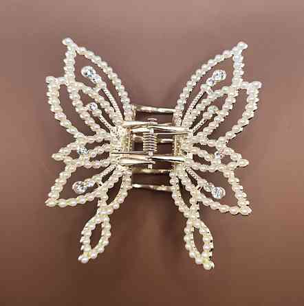 Заколка-крабік метелик Золотистий з перлинами Смела