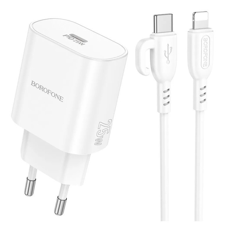 Мережевий зарядний пристрій з кабелем BOROFONE BA82A Platinum single port PD25W charger set (C to iP) (EU) Одеса - фото 1