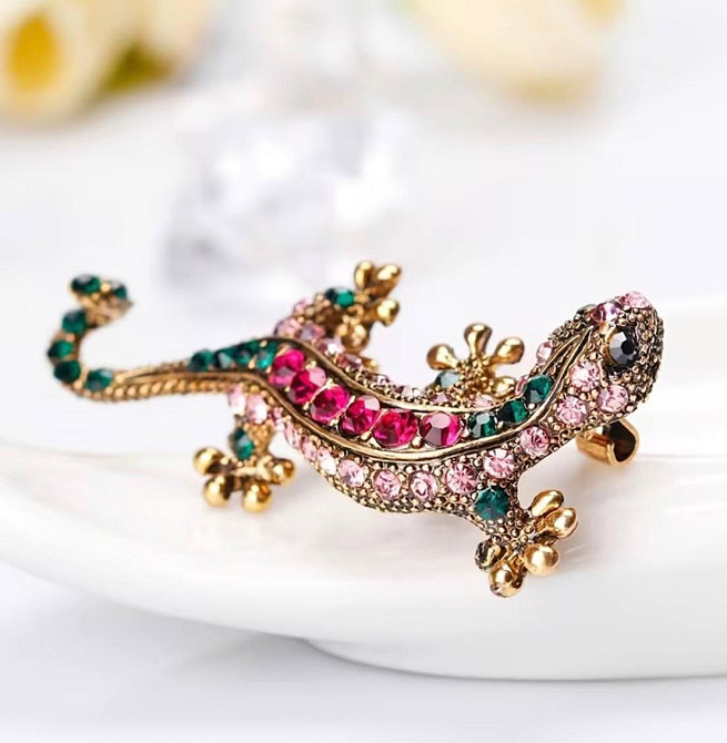 Брошь ящерица со стразами винтажная золотая брошь животное декоративное украшение Киев - изображение 2