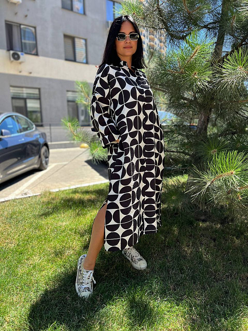 Платье женское INDIGO BLUE 1610-0 длинное на пуговицах разрезы по бокам, чорный с белым, one size Киев - изображение 7