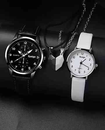 Подарочный набор для мужчин и женщин 2 парные часы с 2 ожерельем серце черно-белый Киев