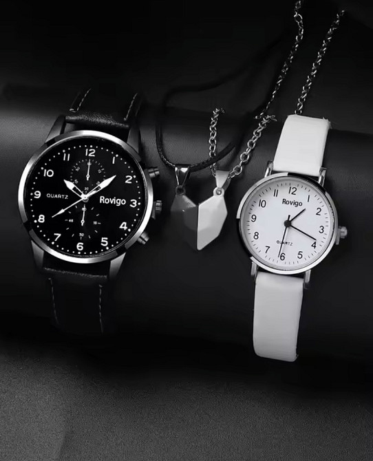 Подарочный набор для мужчин и женщин 2 парные часы с 2 ожерельем серце черно-белый Киев - изображение 1