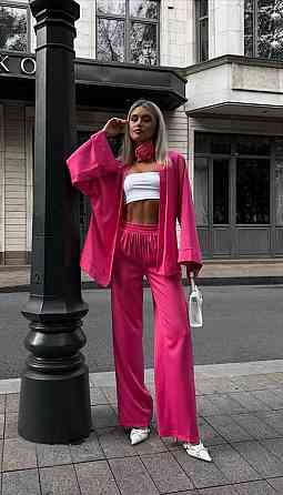 Жіночий базовий костюм-двійка: кімоно та штани атлас Малиновий Одеса