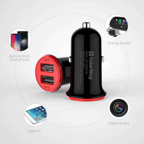 Автомобільний зарядний пристрій ColorWay CW-CHA026-BK 2USB 3,4А 17W червоний/чорний Житомир - изображение 3