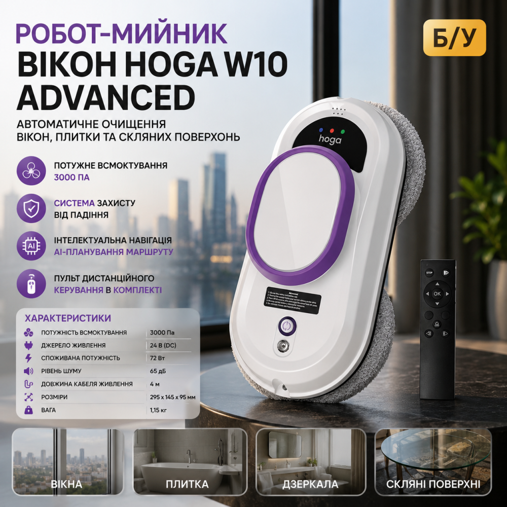 Робот для миття вікон HOGA W10 Advanced | Автоматичний очищувач скла, дзеркал та плитки, вакуум 3000 Па, білий Б/В Київ - фото 14