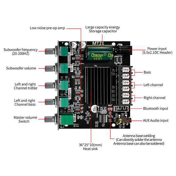 Аудио усилитель мощности звука 2x50Вт 1x100Вт Bluetooth 5.0 ZK-MT21 стерео сабвуфер Киев