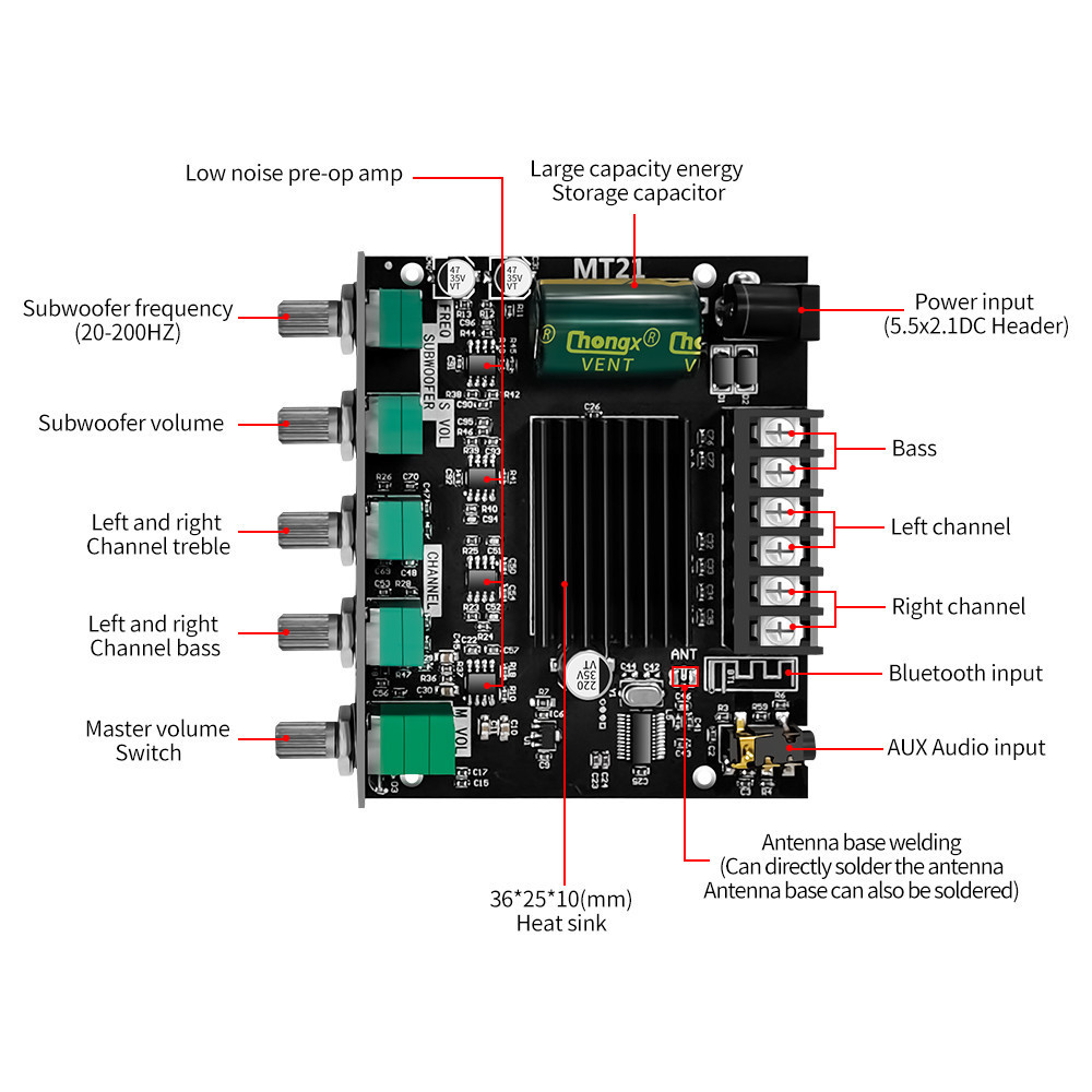 Аудио усилитель мощности звука 2x50Вт 1x100Вт Bluetooth 5.0 ZK-MT21 стерео сабвуфер Киев - изображение 5
