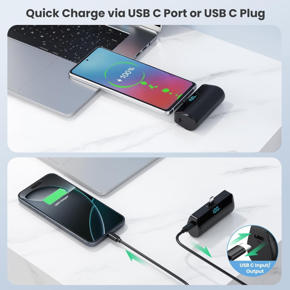 Повербанк Pxwaxpy 5200 мА·ч для iPhone 15/16, USB-C PD, быстрая зарядка, мини Power Bank с LCD-дисплеем, черный Киев - изображение 7