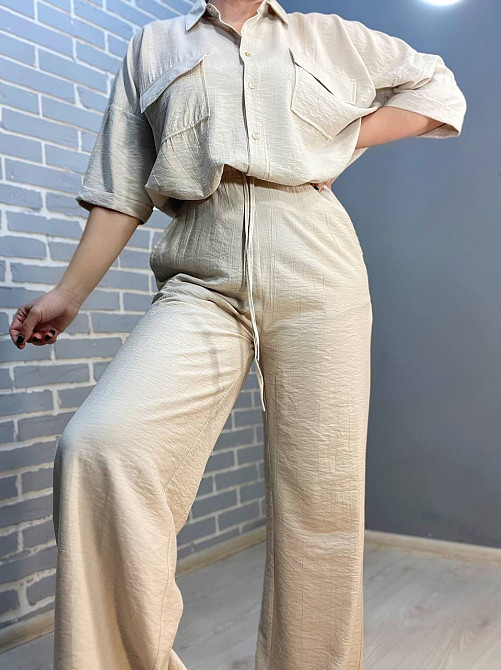 Костюм женский Mix Ray 4218 ткань жатка рубашка на пуговицах карманы и широкие брюки на резинке бежевый, бежевый, S Киев - изображение 6