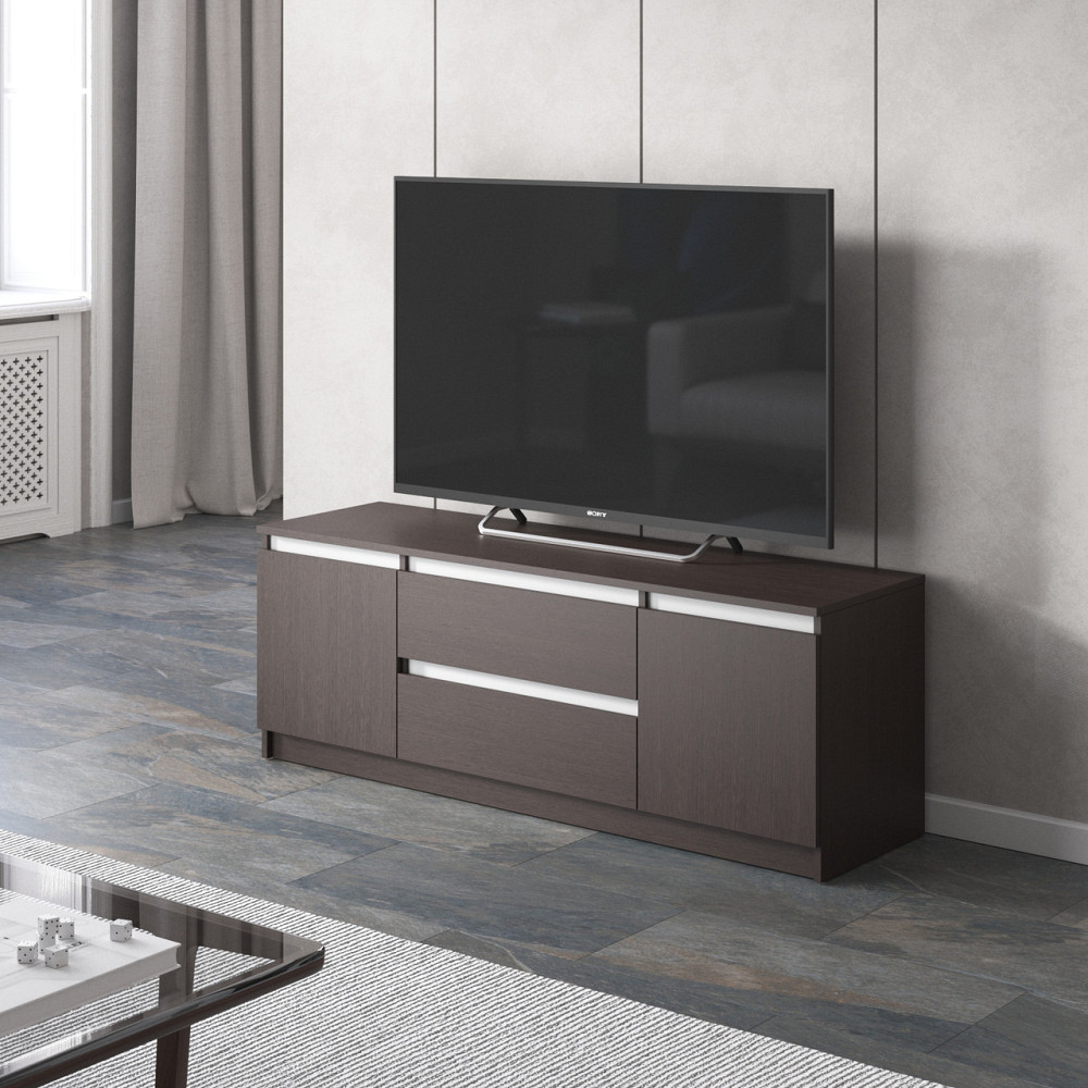 Тумба под телевизор VAYS, для гостиной, современная, 2 выдвижных ящика и две двери, без ручек R-28 Венге Темный-Белые планки Львов - изображение 1