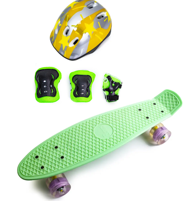 Набор для ребенка от 4-х лет Пенни Борд мятный с желтым + защита + шлем. Колеса светятся при катании Одесса - изображение 1
