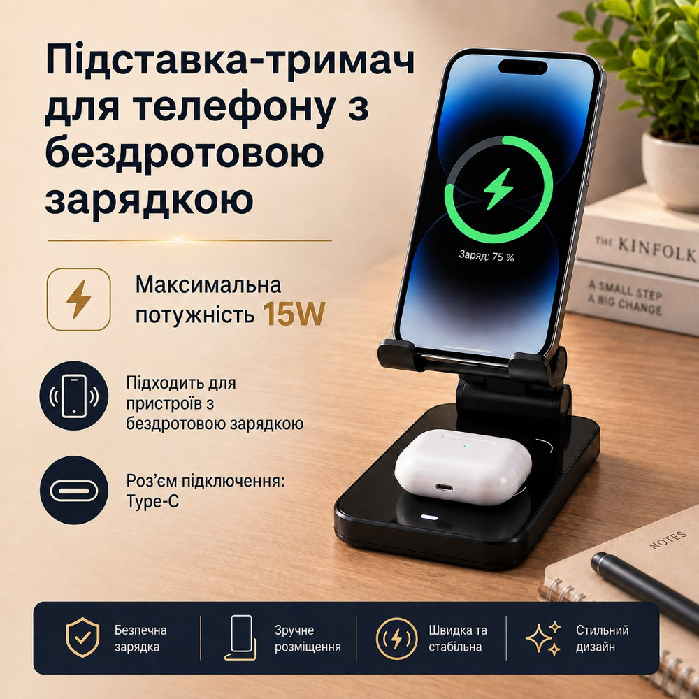 Підставка-тримач для смартфону з бездротовою зарядкою 15W, док-станція для смартфона, годинників та навушників C11_deep_blue Кам'янець-Подільський - фото 5