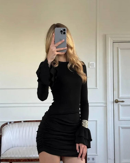 Женское мини платье со сборками рубчик Черный, 46/48 Одесса - изображение 1