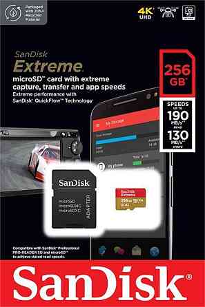 Картка пам'яті MicroSDXC 256 GB C10 UHS-I SanDisk Extreme V30 U3 R190/W130MB/s + SD (SDSQXAV-256G-GN6MA) 256 Харьков