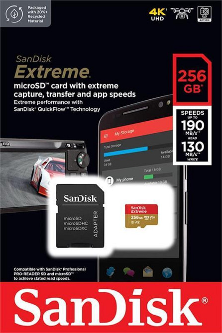 Картка пам'яті MicroSDXC 256 GB C10 UHS-I SanDisk Extreme V30 U3 R190/W130MB/s + SD (SDSQXAV-256G-GN6MA) 256 Харьков - изображение 6
